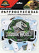 Jurassic World Happy Birthday banner measuring 6 feet long, featuring a dinosaur skull logo with green vegetation and blue sky background on white scalloped panels with hanging holes.