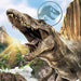 Pack of 16 dinosaur-themed lunch napkins featuring a large gray T-Rex with open jaws against a prehistoric landscape with mountains and sunlight.