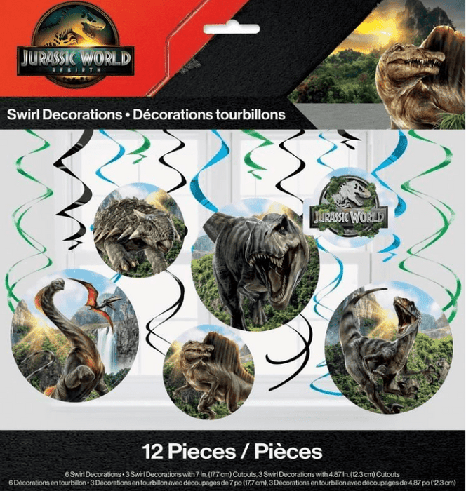 Jurassic World swirl decorations package containing 12 pieces with dinosaur images in circular cutouts attached to black, blue, and green hanging swirls.