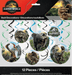 Jurassic World swirl decorations package containing 12 pieces with dinosaur images in circular cutouts attached to black, blue, and green hanging swirls.