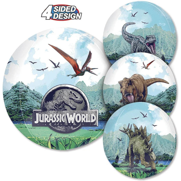 Jurassic World 4-sided design balloon featuring dinosaurs, pterodactyls, lush green landscapes, and the franchise logo in the center circle.
