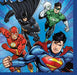 Package of 16 beverage napkins featuring colorful illustrations of Justice League superheroes including Batman, The Flash, Green Lantern, and Superman on a blue background.