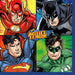 Four-panel Justice League napkin package featuring The Flash in red, Batman in black, Superman in blue, and Green Lantern in green, containing 16 napkins.