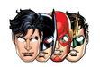 Four superhero paper masks displayed side by side featuring Superman, Batman, The Flash, and Green Lantern with their iconic colors and symbols.