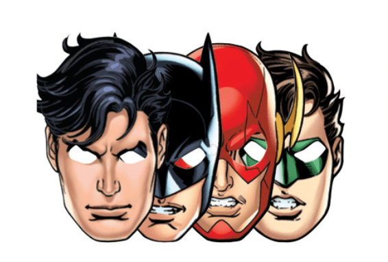 Four superhero paper masks displayed side by side featuring Superman, Batman, The Flash, and Green Lantern with their iconic colors and symbols.
