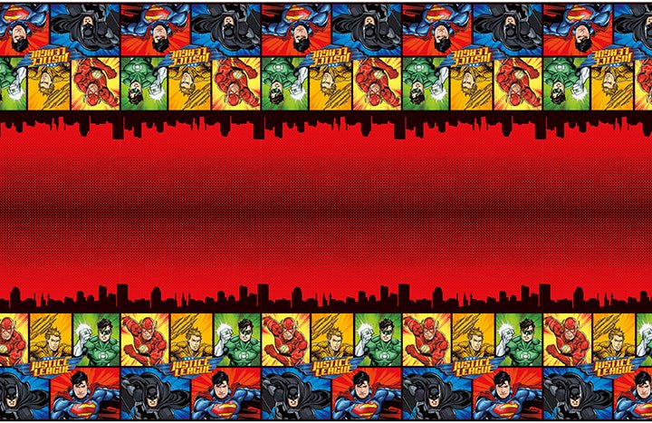 Red plastic tablecover featuring a repeating pattern of Justice League superhero character tiles in yellow, green, and blue sections with black cityscape borders.