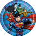 Round blue paper plate featuring Superman in front with The Flash, Green Lantern, Aquaman, and Batman in dynamic poses against a radiating blue background.