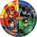 Round paper plate featuring four DC superheroes - The Flash, Batman, Superman, and Green Lantern - in a divided quadrant design with vibrant red, blue, and green backgrounds and Justice League text in the center.