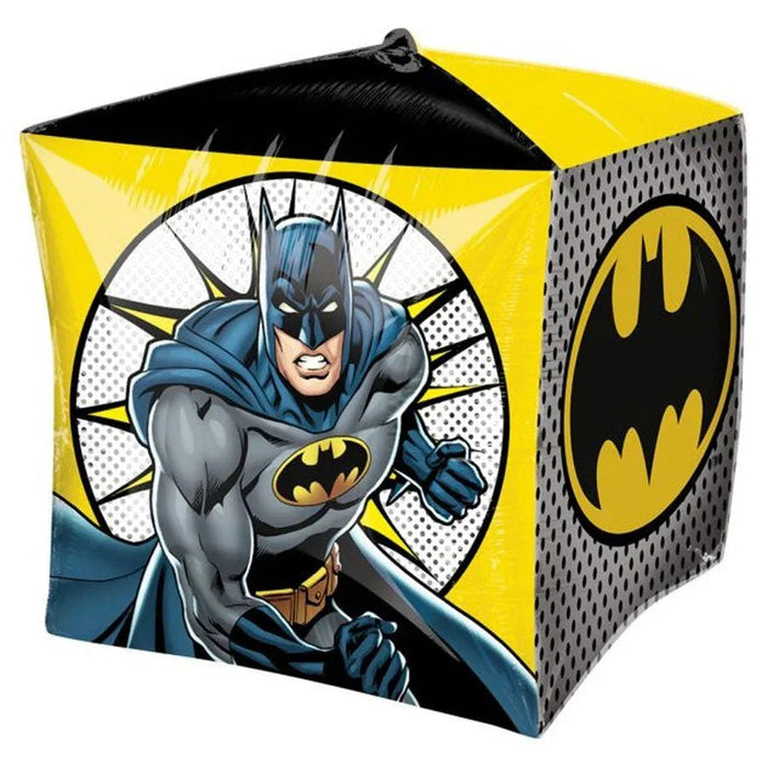 Yellow cube-shaped mylar balloon featuring Batman in blue and gray costume with the bat symbol, displayed against a white background.