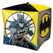 Yellow cube-shaped mylar balloon featuring Batman in blue and gray costume with the bat symbol, displayed against a white background.