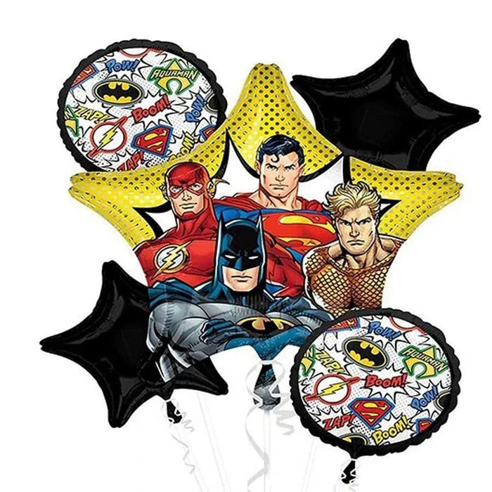 Five-piece DC Comics Justice League foil balloon bouquet featuring Batman, Superman, The Flash, and Aquaman characters with yellow stars, black four-pointed stars, and comic book-themed graphic balloons in red, blue, and yellow colors.