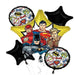Five-piece DC Comics Justice League foil balloon bouquet featuring Batman, Superman, The Flash, and Aquaman characters with yellow stars, black four-pointed stars, and comic book-themed graphic balloons in red, blue, and yellow colors.