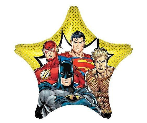 Yellow star-shaped mylar balloon featuring four DC Comics superheroes: The Flash, Batman, Superman, and Aquaman in colorful costume artwork.