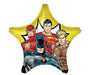 Yellow star-shaped mylar balloon featuring four DC Comics superheroes: The Flash, Batman, Superman, and Aquaman in colorful costume artwork.