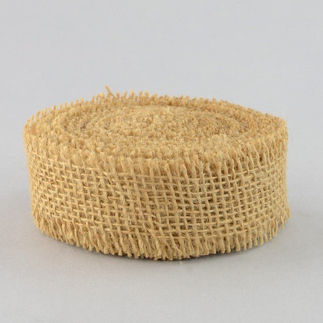 Roll of natural tan jute ribbon with a textured woven surface and frayed edges, shown against a white background.