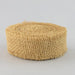 Roll of natural tan jute ribbon with a textured woven surface and frayed edges, shown against a white background.
