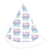 White cone party hat with repeating purple and blue "Happy Birthday Demon Hunter" text and crossed sword designs throughout.