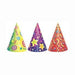 Three colorful cone-shaped party hats with kaleidoscope patterns in yellow, purple, and red featuring swirls and geometric designs.