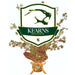 Kearns High School decorative centerpiece spray featuring a green and gold shield logo with a leaping cougar, mounted on a gold-wrapped base with gold stars and a yellow ribbon bow.