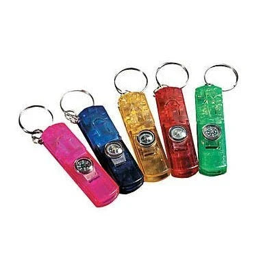 Five cylindrical key chain flashlights in pink, blue, gold, red, and green with compasses and whistles attached to metal key rings.