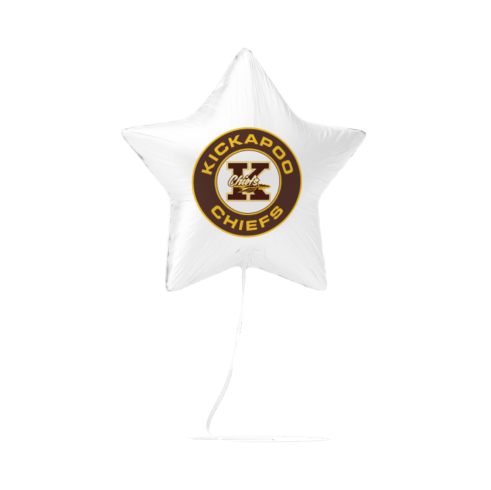 White star-shaped balloon with 'Kickapoo Chiefs' logo on a white background