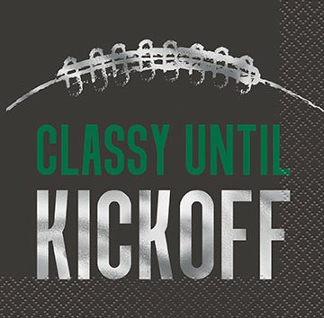 Gray cocktail napkin featuring a white football laces illustration at top with "CLASSY UNTIL" in teal text and "KICKOFF" in white text on dark background.