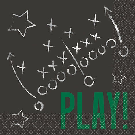 Dark gray napkin pack featuring white chalk-style football play diagram with "PLAY" in green text, small stars, and decorative elements printed on the surface.