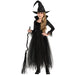 Child wearing a black witch costume with a pointed hat, high collar cape, tulle skirt with layered hem, sheer sleeves with black cuffs, and holding a broomstick.