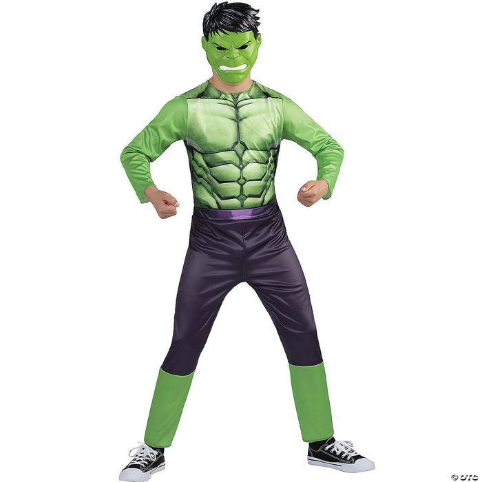 Product photo of the Kids Classic Marvel Hulk Costume, shown against a plain white background — an officially licensed costume for Halloween and dress-up.