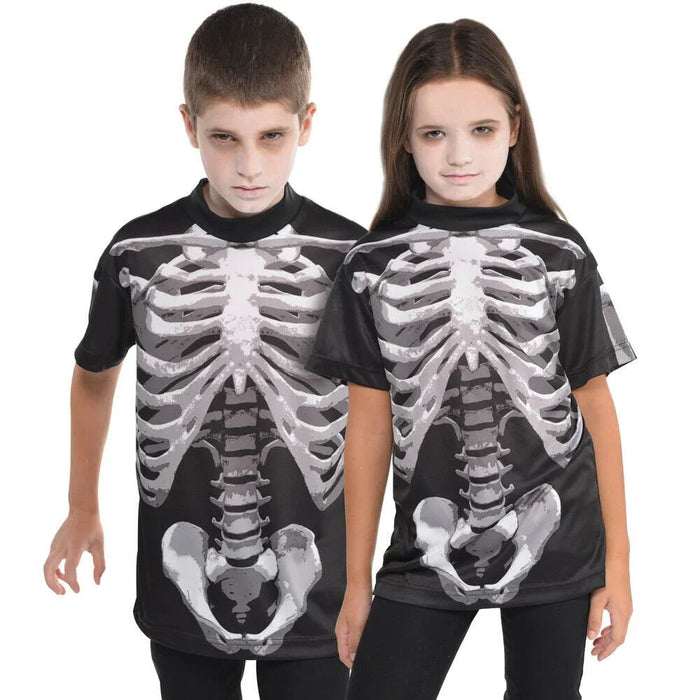Two children wearing black short-sleeved t-shirts with large gray and white skeletal ribcage and spine designs printed across the front.