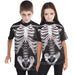 Two children wearing black short-sleeved t-shirts with large gray and white skeletal ribcage and spine designs printed across the front.