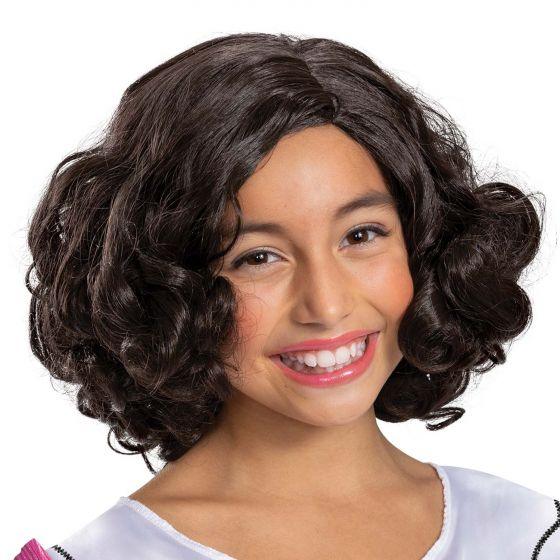 Black curly shoulder-length wig with volume at the sides, styled in loose waves and shown on a smiling young model against a white background.