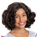 Black curly shoulder-length wig with volume at the sides, styled in loose waves and shown on a smiling young model against a white background.
