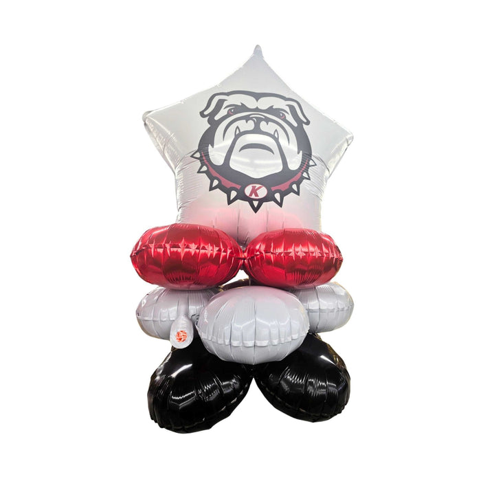 Balloon bouquet with star-shaped balloon featuring a bulldog logo and red, white, and black balloons on a white background.