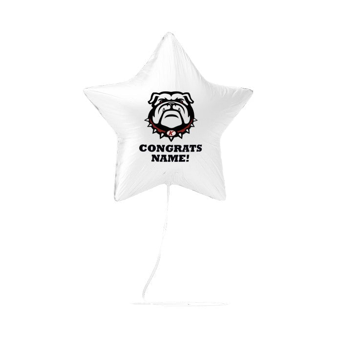 White star-shaped balloon with bulldog graphic and customizable text on a white background