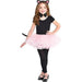 Child wearing black short-sleeved top, pink tulle tutu skirt, black tights, cat ear headband, bow tie, tail, and gloves as a kitten costume.