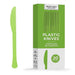 Bright green plastic knife displayed next to its packaging box labeled "Heavy Duty Plastic Knives" with "20 pc pack" indicated on the box.