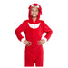 Child wearing a red fleece onesie costume with white cuffs, a white chest panel, and a red hood with white bone-shaped eye patches.