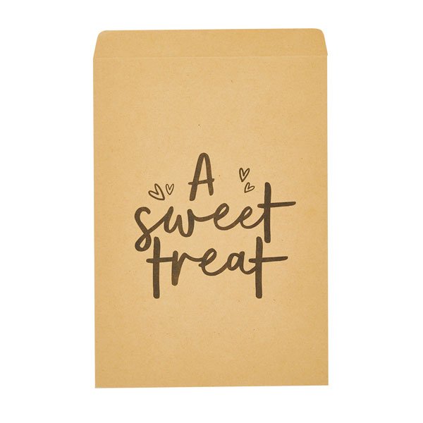 Kraft paper favor bag with "A sweet treat" handwritten in brown ink and small heart doodles.