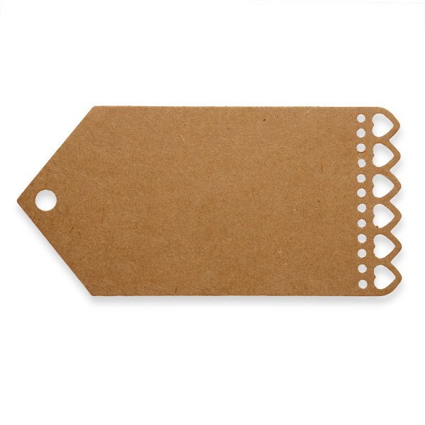 Brown kraft paper gift tag with decorative heart-shaped cutouts along the right edge and a hole for string attachment on the left.