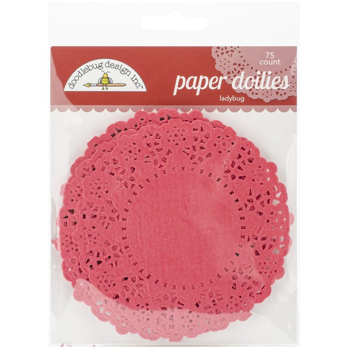 Package of 75 pink paper doilies with intricate laser-cut lace patterns, displayed against a white background with red branding header featuring a ladybug design logo.