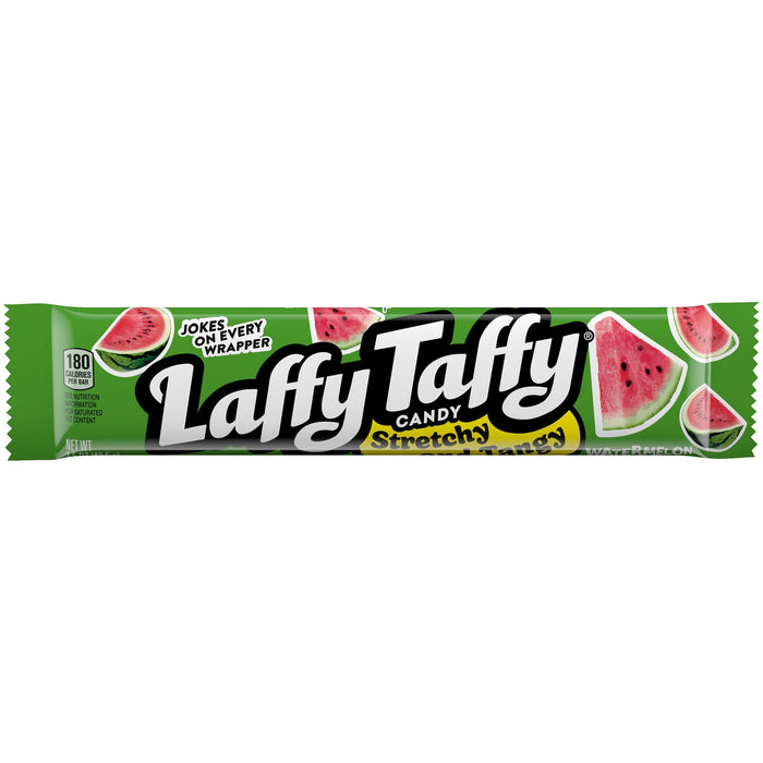 Laffy Taffy Watermelon: chewy taffy, pink and green in color. Sold in a 1.5 oz flat wrapped bar, printed with the brand name and product.