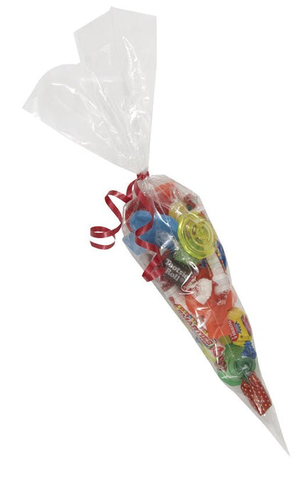 Clear cellophane cone-shaped bag filled with colorful party toys and treats, tied at the top with a red ribbon.