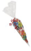 Clear cellophane cone-shaped bag filled with colorful party toys and treats, tied at the top with a red ribbon.