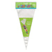 Pack of 25 clear cellophane cone-shaped bags with colorful floral design band and twist ties, designed for filling with treats and party favors.