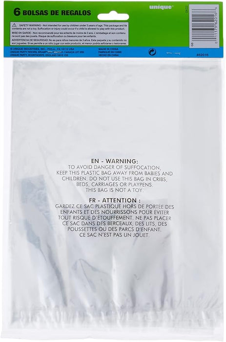 Pack of 6 clear plastic gift bags with safety warnings printed in English and French on the front.