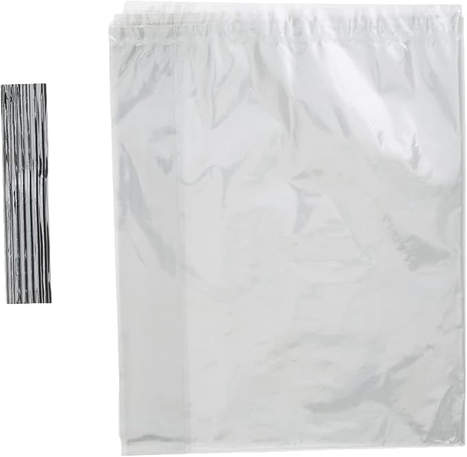 Six clear plastic gift bags with gathered tops and a tie closure strip shown next to one bag displayed flat.