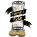 Tall white cylindrical foil balloon decorated with gold and silver stars, wrapped with black ribbon banners reading "CONGRATS" and "GRAD," topped with a spiral design and supported by gold crinkled base balloons.
