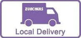 Purple delivery truck icon with "Zuichers" branding and "Local Delivery" text on a light background.