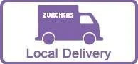 Purple delivery truck icon with "Zuichers" branding and "Local Delivery" text on a light background.